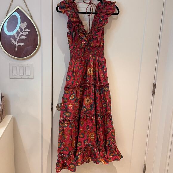 House of Harlow 1960 Wine Floral Ruffled Midi Tiered Dress Small - Picture 2 of 11